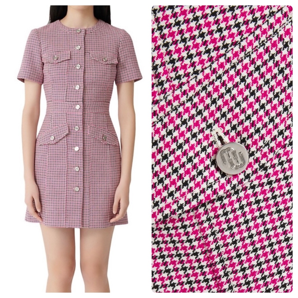 Maje Barbiecore Rida Pink Tweed Houndstooth Mini Dress
